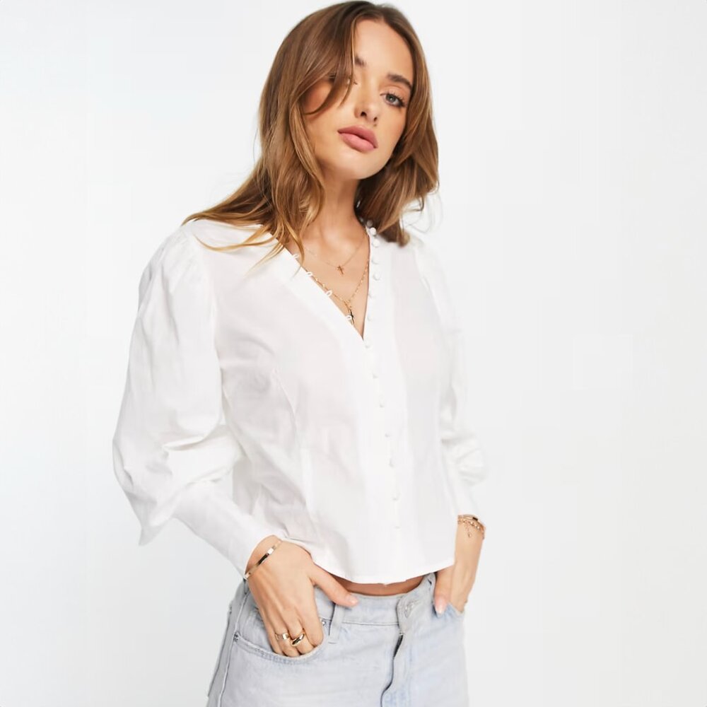 Vero Moda Button Detail Puff Sleeve Blouse in White Size Large NWT